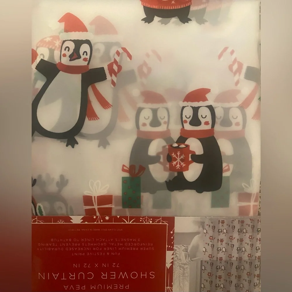 Festive Holiday Penguin Shower Curtain